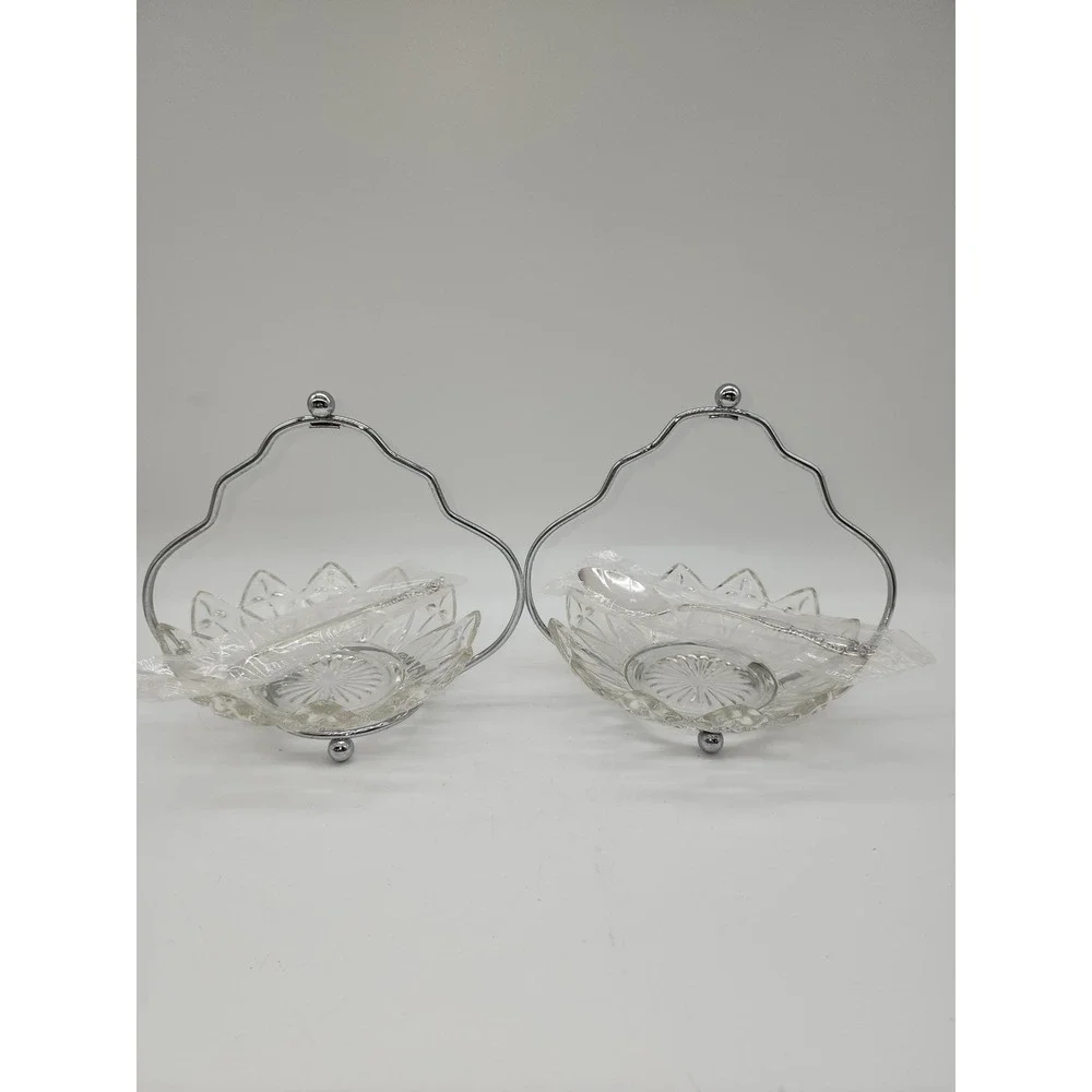 Vintage Glass Condiment Bowls with Chrome Caddy Carriers Serving Utensils Set